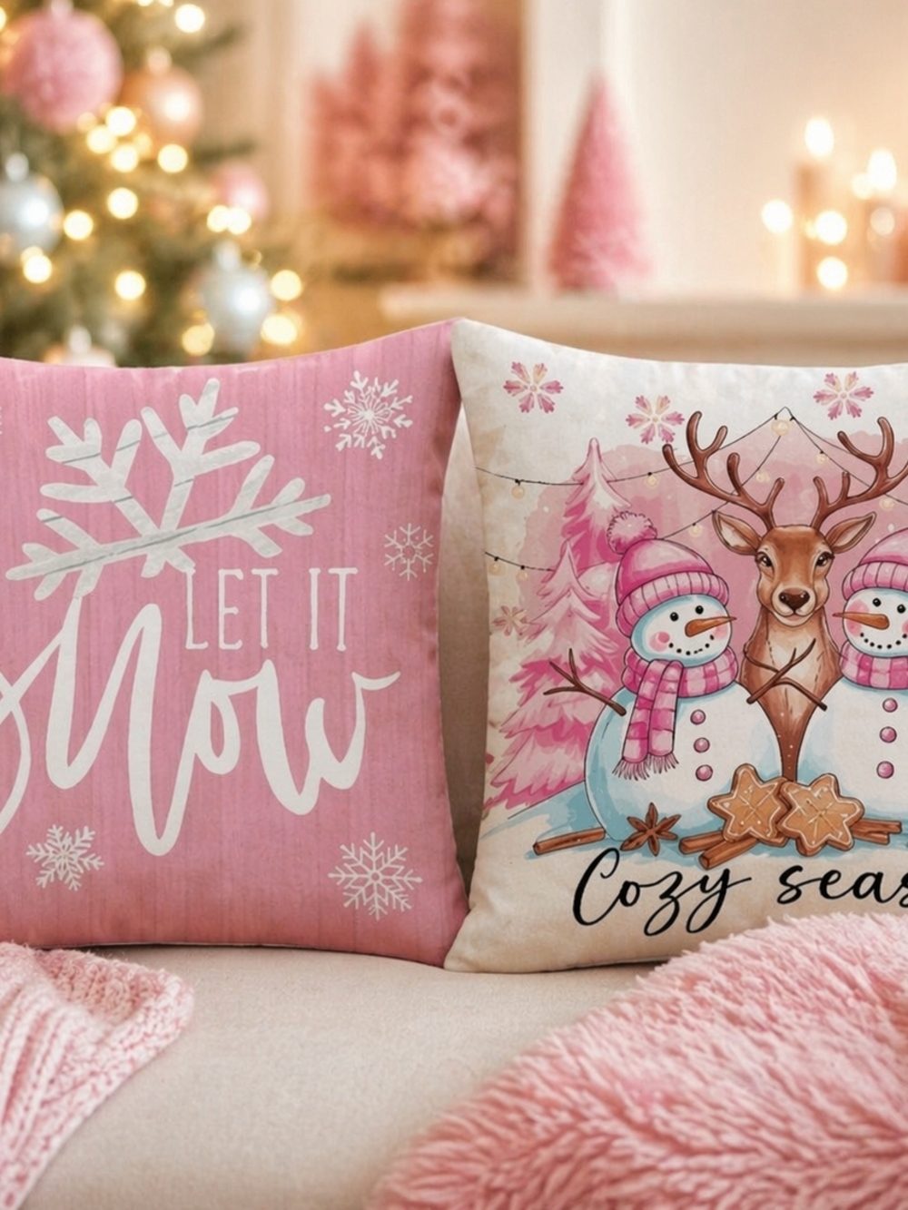 Set Of Pink Christmas Winter Holiday Throw Accent Pillows Cozy Seasonal 18 x 18
